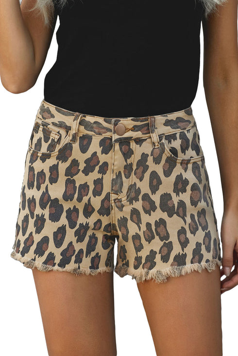 Leopard Mid Waist Frayed Hemline Denim Shorts